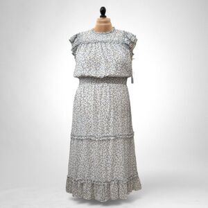 CeCe Floral Print Flutter Cap Sleeve Ruffle Neck Smock Waist Midi Dress 1X, 1XL